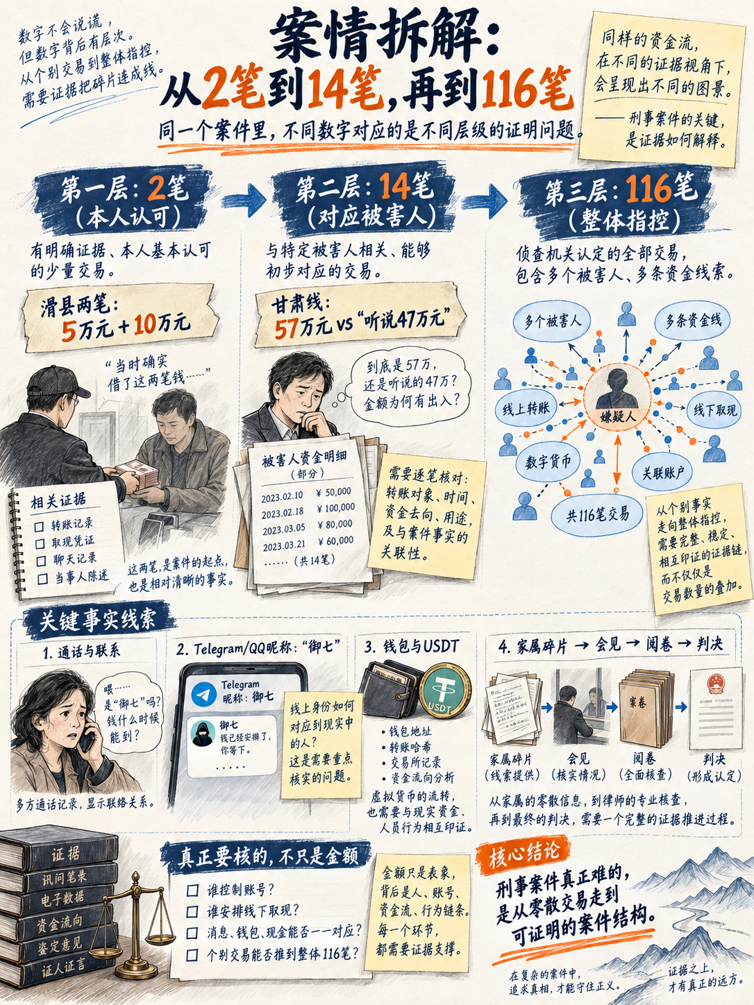 两笔、14笔、116笔的证明层级示意;图中样例流水日期不代表本案事实